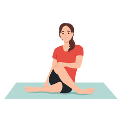 Woman doing Seated twist stretch exercise. Flat vector illustration isolated on white background