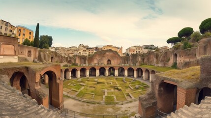 Panorama of Flavian amphitheater in Pozzuoli town, Naples, Italy, Generative AI - obrazy, fototapety, plakaty