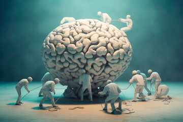
Conceptual image of brain working. Brain in thought process with men working. Concept of mind generating ideas. Trapped brain. Brain taken prisoner. Generative ai. - obrazy, fototapety, plakaty