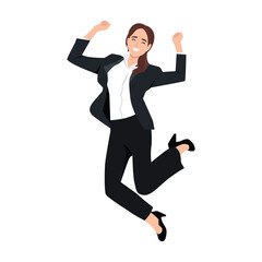 Beautiful brunette happy businesswoman jumping wearing suit. Flat vector illustration isolated on white background