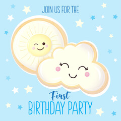 Boy's birthday invitation with cute cookies. Blue background with stars