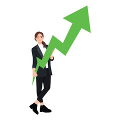 Fototapeta na wymiar Business Woman holding a arrow. Green growing graph. Flat vector illustration isolated on white background