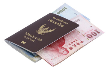 Thai passport with Taiwan Dollars banknotes  on transparent background (PNG File)