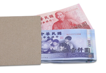 Taiwan dollar banknotes in brown envelop on transparent background (PNG File)