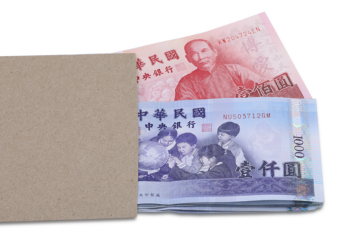 Taiwan dollar banknotes in brown envelop on transparent background (PNG File)