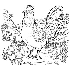 Bird farm coloring page. Hens and chicks linear illustration for coloring.