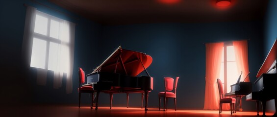 Low Angle View of a Music room with navy blue walls in Volumetric lighting using Speedpainting style. Generative AI