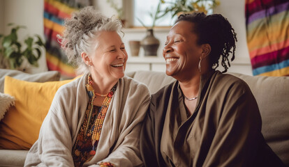 Lovely senior generative ai lesbian couple having practicing mindfulness meditation and wellness at home. Mental health in the lgbtq+ community.

