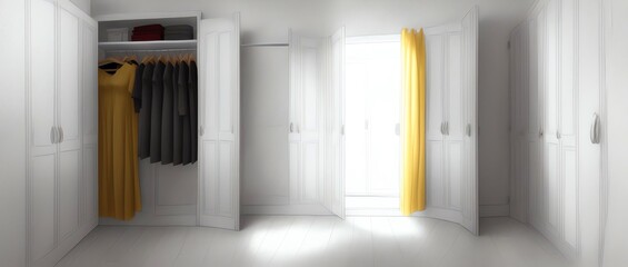 Low Angle View of a Closet with yellow walls in Hard Lighting using Pencil sketch drawing style. Generative AI