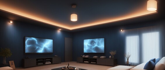 Long Shot View of a family room with indigo walls in Cinematic lighting using Scribbling style. Generative AI