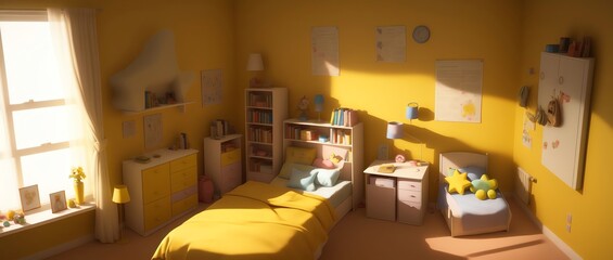Aerial View of a Children's room with yellow walls in Volumetric lighting using Childrens drawing style. Generative AI