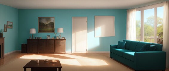 Panoramic View of a family room with teal walls in Sunrays shine upon it using DOF Photograph style. Generative AI