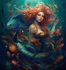 Obraz na płótnie Canvas Underwater Queen Mermade Goddess Woman Portrait Digital Generated Magic Fantasy Colorful Illustration Artwork background