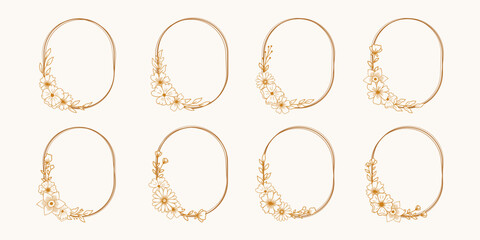 A set of frames floral border with gold leaves and flowers for wedding or engagement invitations, logo monogram, greeting card