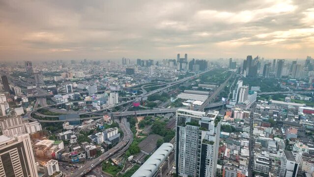 Bangkok city skyline timelapse at city center and street highway, Krung Thep Thailand 4K time lapse