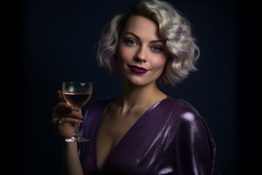 Medium shot portrait photography of a glad girl in her 30s holding a glass of champagne against a deep purple background. With generative AI technology