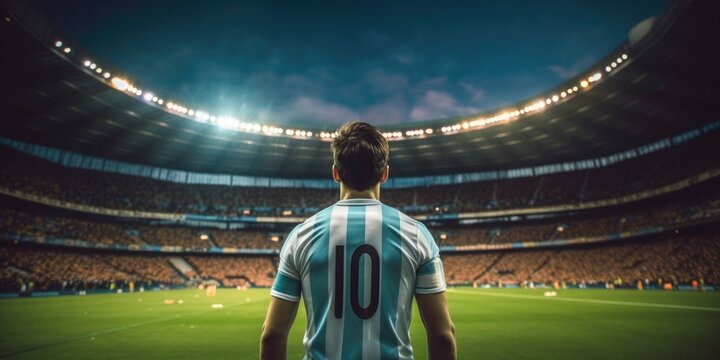 Football player in the stadium rear view. Generative AI.