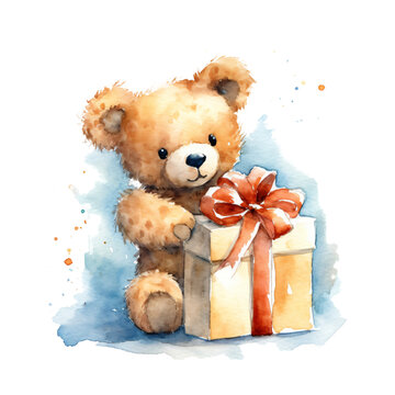  teddy presenting a gift smiling happy in watercolor design isolated against transparent