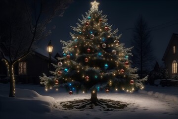 Decorated Christmas tree outdoor at night. Generative AI
