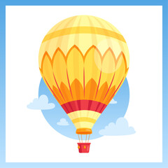 Hot air balloon. Vector illustration of air balloon, airships with basket in the sky with clouds. Romantic concept for festival poster, web banner, greeting card, envelope. Summer honeymoon trip