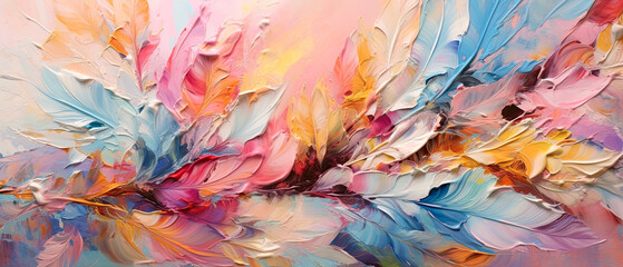 fondo abstracto con flores y plumas de colores azul, amarillo rosa y blanco