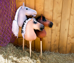 Hobby horses in the corral. Three hobby horse are waiting for the riders. Equestrian sports