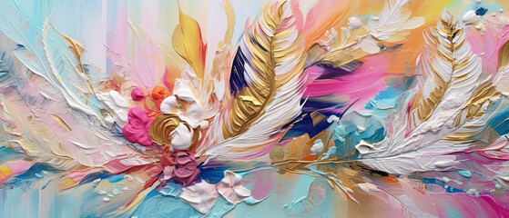 fondo abstracto con flores y plumas coloridad. ilustracion de ia generativa