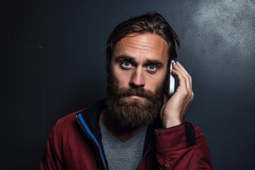 Close-up portrait photography of a glad boy in his 30s talking on the phone against a metallic silver background. With generative AI technology