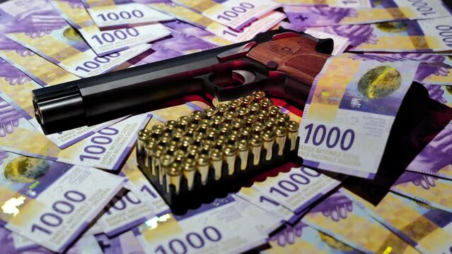 Elegant Semiautomatic 9mm Handgun Leaning on Swiss Franc 1000 Banknote and Bullet Ammunition in Switzerland.