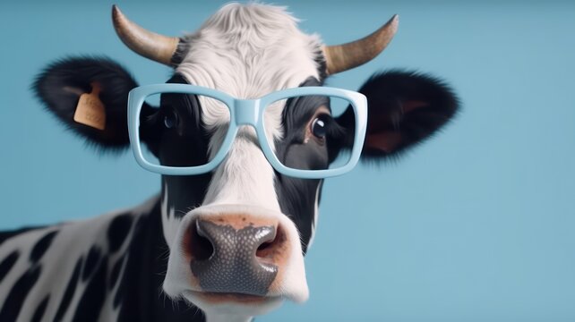 Funny cow with sunglasses in front of blue studio background. Generative AI