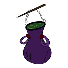 Spooky cauldron with magical poisonous witch's potion. Strange deformed object for Halloween party. Cartoon vector flat illustration isolated on white background. Stylized clipart for graphic design.