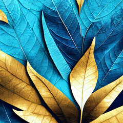 Abstract luxury leafs background gold. Digital art marbling texture. Blue, gold and white colors. 3d illustration