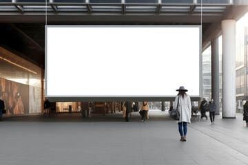 Transparent, empty,  blank billboard mockup in a shopping mall for outdoor advertisement and promotion for commercial marketing. Generative AI