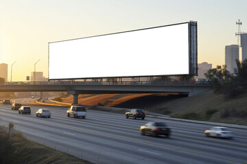Transparent, empty,  blank billboard mockup near a flyover road for outdoor advertisement and promotion for commercial marketing. Generative AI