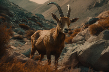 Photo goat with large horns ibex standing in mountains - obrazy, fototapety, plakaty