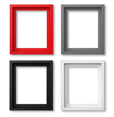 Shaded empty blank photo frames with shadow. Classic black, red, grey, white. Many assorted different colours isolated on transparent background cutout. PNG file. 3D rendering