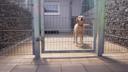 Dog in cage of animal shelter barking