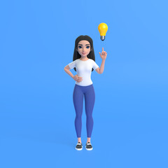 Cartoon funny cute girl in a white T-shirt and jeans with bulb lamp on a blue background. Woman in minimalist style. People characters illustration. 3D rendering illustration