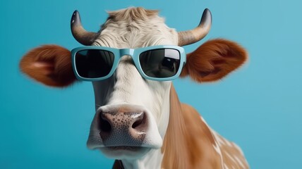 Funny cow with sunglasses in front of blue studio background. Generative AI