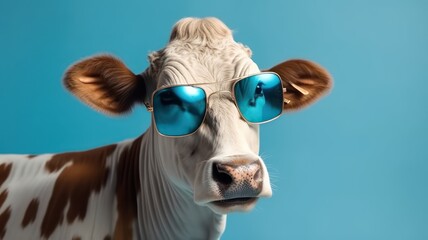 Funny cow with sunglasses in front of blue studio background. Generative AI