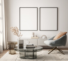 Mockup poster frame on the wall of living room. Luxurious apartment background with contemporary design. Modern interior design. 3D render, 3D illustration