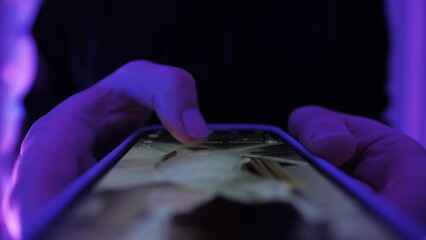 Woman chatting online on smartphone macro close up, typing text message, touching touchscreen keyboard, using messenger application. Female holding mobile phone, close up, swiping social media. 