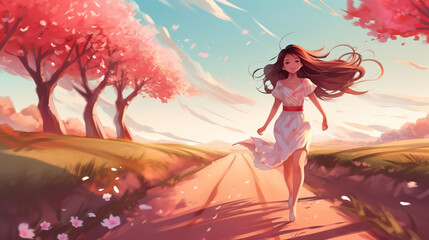 a young girl in a white dress walking on a road next to cherry trees, anime artwork, ai generated image