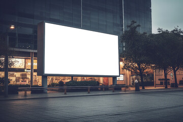 Transparent, empty,  blank billboard mockup near a shopping mall at night for outdoor advertisement and promotion for commercial marketing. Generative AI