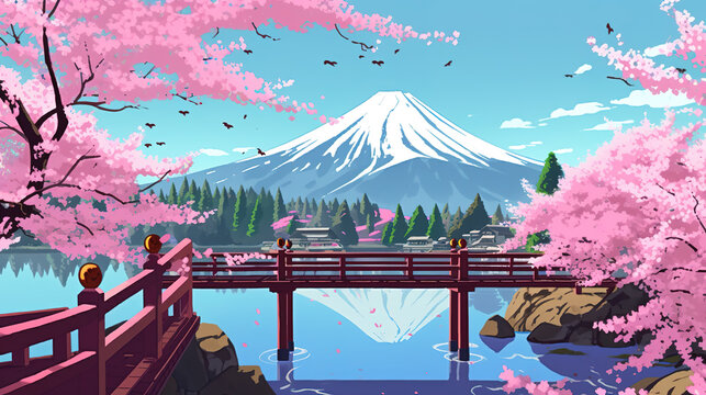 an epic cartoon illustration of the mountain fuji with a bridge and cherry trees, wallpaper style, ai generated image