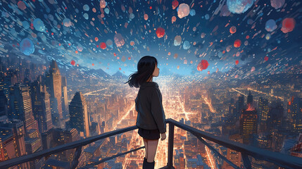 Fototapeta premium a beautiful magical wallpaper of an anime girl watching a city from top of a skyscrapper with a lot of balloons on the sky, ai generated image