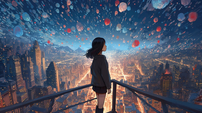 a beautiful magical wallpaper of an anime girl watching a city from top of a skyscrapper with a lot of balloons on the sky, ai generated image
