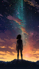 a realistic inspired anime artwork of a woman standing alone in the middle of nowhere under a sky full of stars, ai generated image
