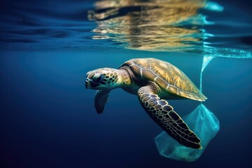 Plastic Pollution In Ocean - Turtle Eat Plastic Bag Generative AI