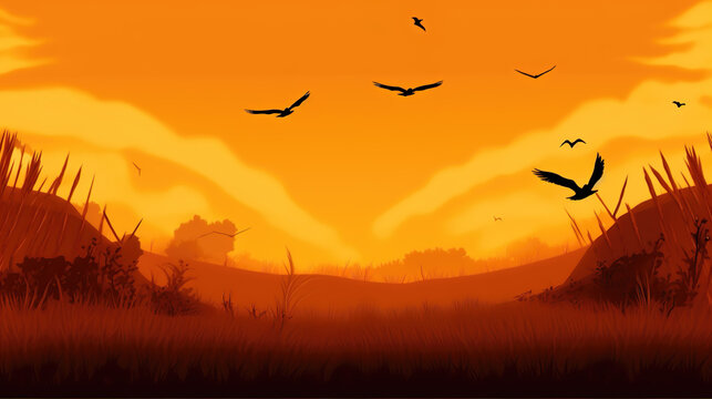 a wonderful illustration of birds flying at sunset, wallpaper style, ai generated image